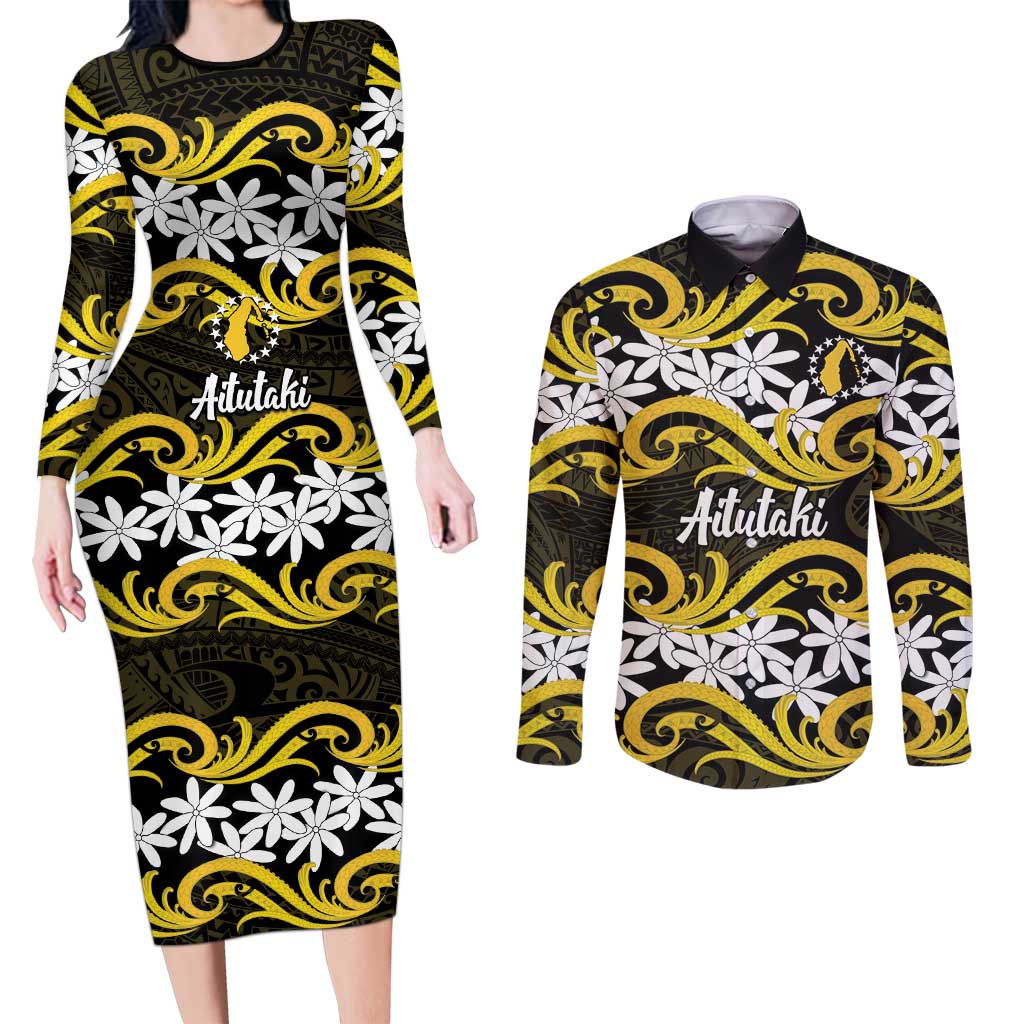 Personalised Cook Islands Aitutaki Couples Matching Long Sleeve Bodycon Dress and Long Sleeve Button Shirt Tiare Maori Polynesian Waves Tattoo LT14 Yellow - Polynesian Pride