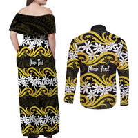 Personalised Cook Islands Aitutaki Couples Matching Off Shoulder Maxi Dress and Long Sleeve Button Shirt Tiare Maori Polynesian Waves Tattoo LT14 - Polynesian Pride