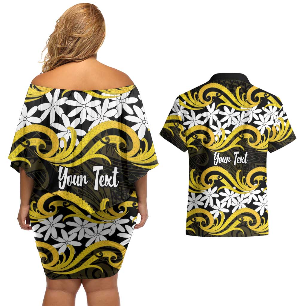 Personalised Cook Islands Aitutaki Couples Matching Off Shoulder Short Dress and Hawaiian Shirt Tiare Maori Polynesian Waves Tattoo LT14 - Polynesian Pride