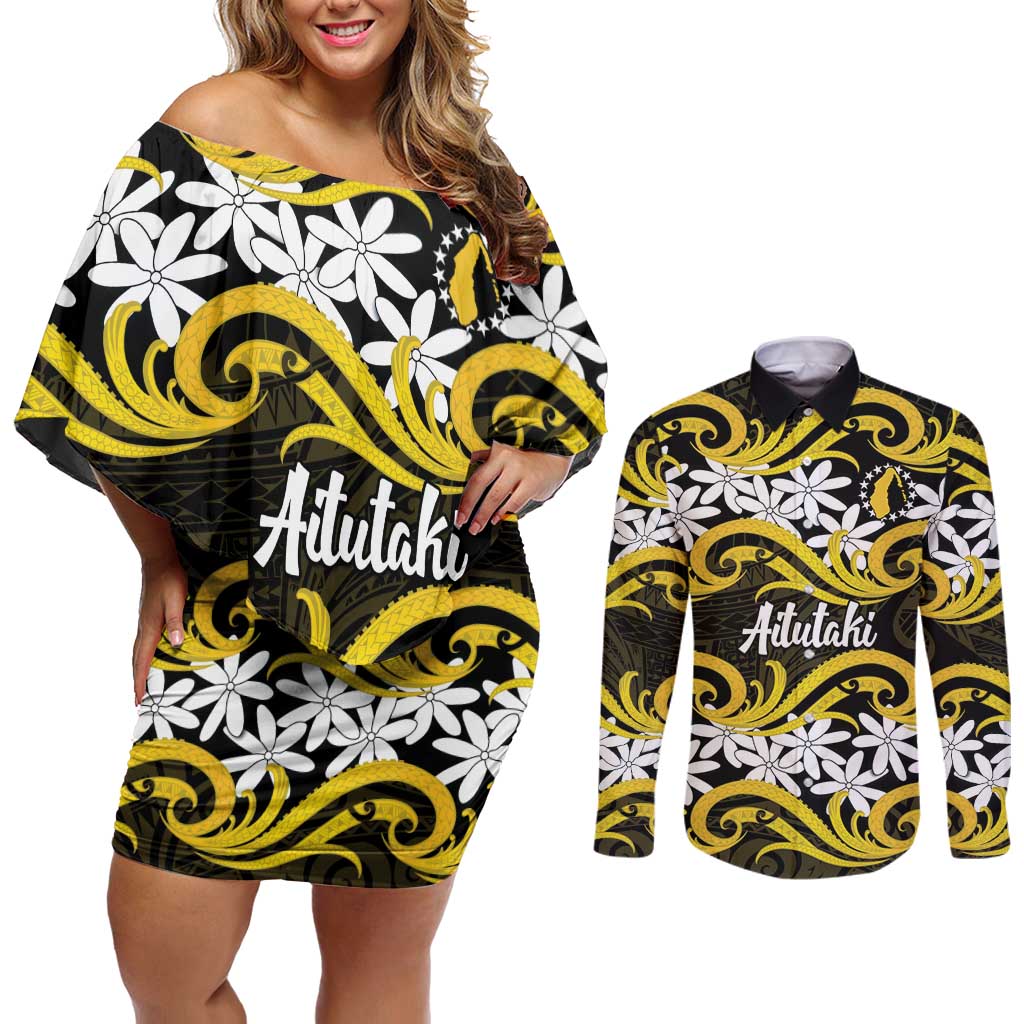 Personalised Cook Islands Aitutaki Couples Matching Off Shoulder Short Dress and Long Sleeve Button Shirt Tiare Maori Polynesian Waves Tattoo LT14 Yellow - Polynesian Pride
