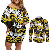 Personalised Cook Islands Aitutaki Couples Matching Off Shoulder Short Dress and Long Sleeve Button Shirt Tiare Maori Polynesian Waves Tattoo LT14 Yellow - Polynesian Pride