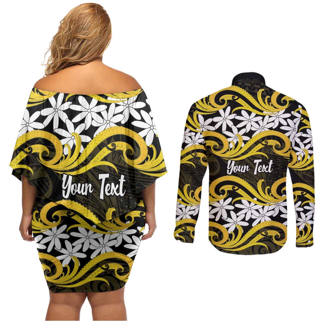 Personalised Cook Islands Aitutaki Couples Matching Off Shoulder Short Dress and Long Sleeve Button Shirt Tiare Maori Polynesian Waves Tattoo LT14 - Polynesian Pride