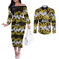 Personalised Cook Islands Aitutaki Couples Matching Off The Shoulder Long Sleeve Dress and Long Sleeve Button Shirt Tiare Maori Polynesian Waves Tattoo LT14 Yellow - Polynesian Pride