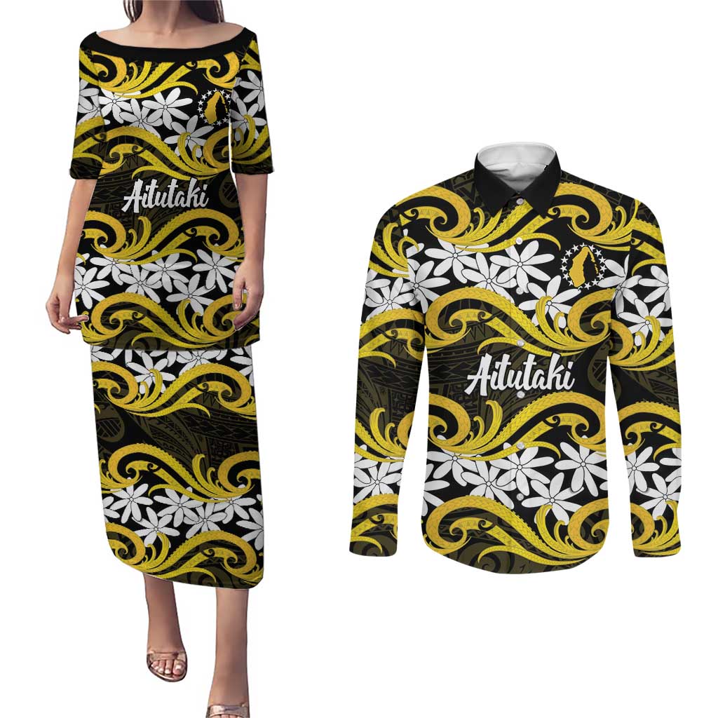 Personalised Cook Islands Aitutaki Couples Matching Puletasi and Long Sleeve Button Shirt Tiare Maori Polynesian Waves Tattoo LT14 Yellow - Polynesian Pride