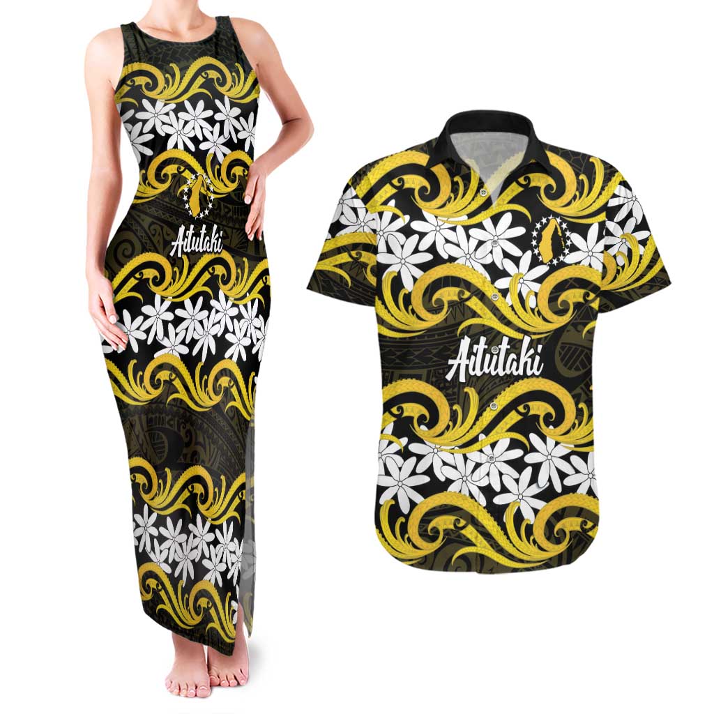 Personalised Cook Islands Aitutaki Couples Matching Tank Maxi Dress and Hawaiian Shirt Tiare Maori Polynesian Waves Tattoo LT14 Yellow - Polynesian Pride