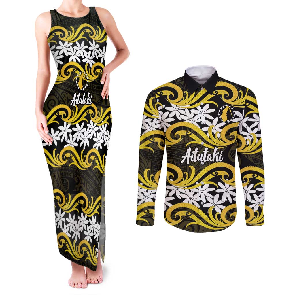 Personalised Cook Islands Aitutaki Couples Matching Tank Maxi Dress and Long Sleeve Button Shirt Tiare Maori Polynesian Waves Tattoo
