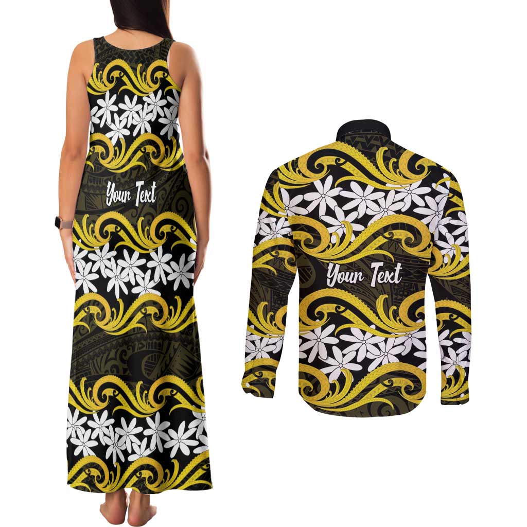 Personalised Cook Islands Aitutaki Couples Matching Tank Maxi Dress and Long Sleeve Button Shirt Tiare Maori Polynesian Waves Tattoo LT14 - Polynesian Pride
