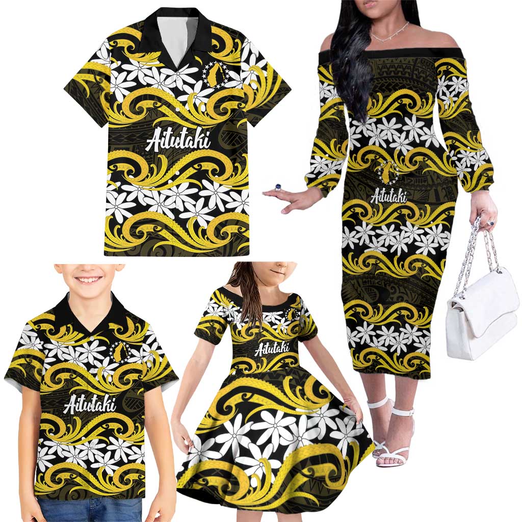 Personalised Cook Islands Aitutaki Family Matching Off The Shoulder Long Sleeve Dress and Hawaiian Shirt Tiare Maori Polynesian Waves Tattoo