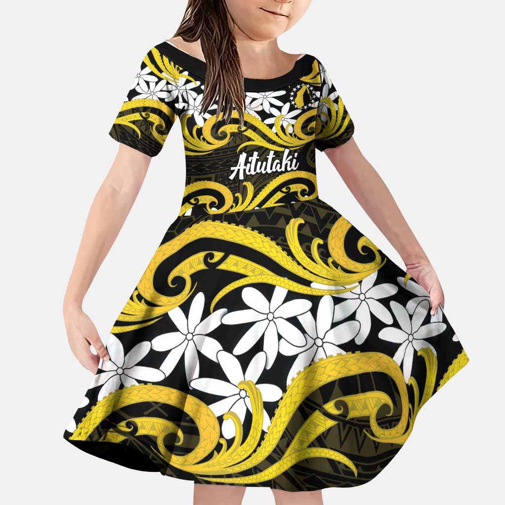 Personalised Cook Islands Aitutaki Family Matching Off Shoulder Short Dress and Hawaiian Shirt Tiare Maori Polynesian Waves Tattoo LT14 Daughter's Dress Yellow - Polynesian Pride