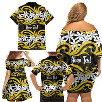 Personalised Cook Islands Aitutaki Family Matching Off Shoulder Short Dress and Hawaiian Shirt Tiare Maori Polynesian Waves Tattoo LT14 - Polynesian Pride