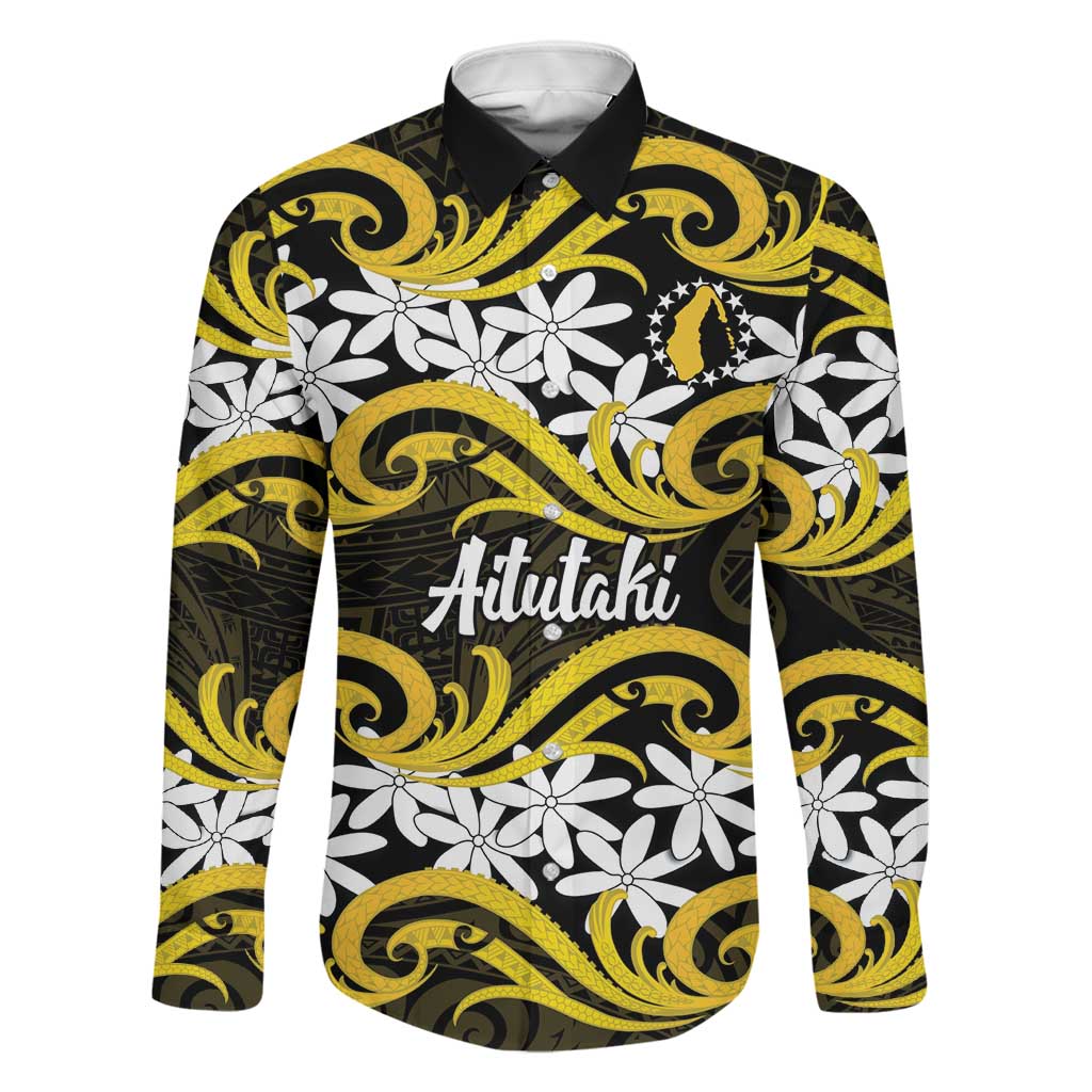 Personalised Cook Islands Aitutaki Family Matching Off Shoulder Short Dress and Hawaiian Shirt Tiare Maori Polynesian Waves Tattoo LT14 Dad's Shirt - Long Sleeve Yellow - Polynesian Pride