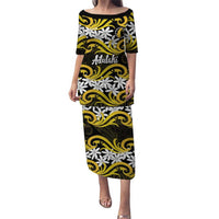 Personalised Cook Islands Aitutaki Family Matching Puletasi and Hawaiian Shirt Tiare Maori Polynesian Waves Tattoo LT14 Mom's Dress Yellow - Polynesian Pride