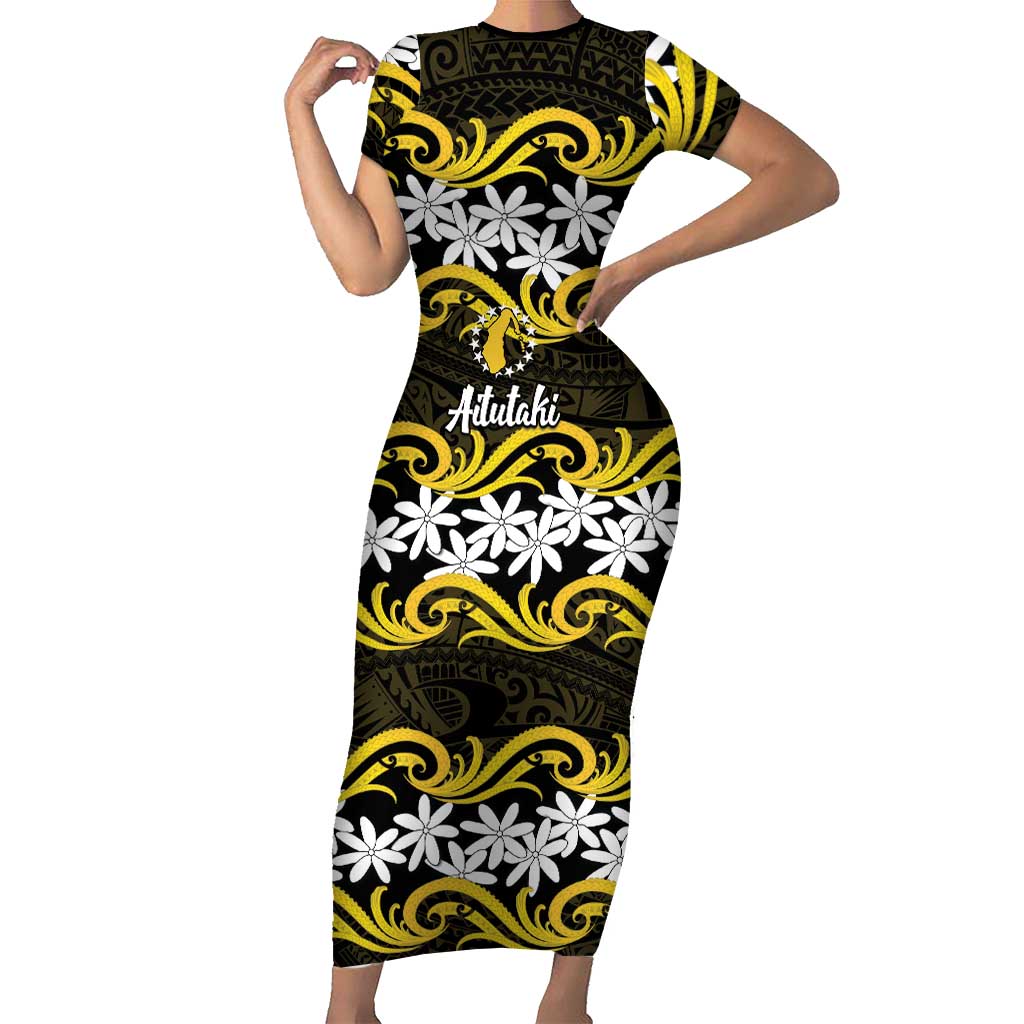 Personalised Cook Islands Aitutaki Family Matching Short Sleeve Bodycon Dress and Hawaiian Shirt Tiare Maori Polynesian Waves Tattoo LT14 Mom's Dress Yellow - Polynesian Pride