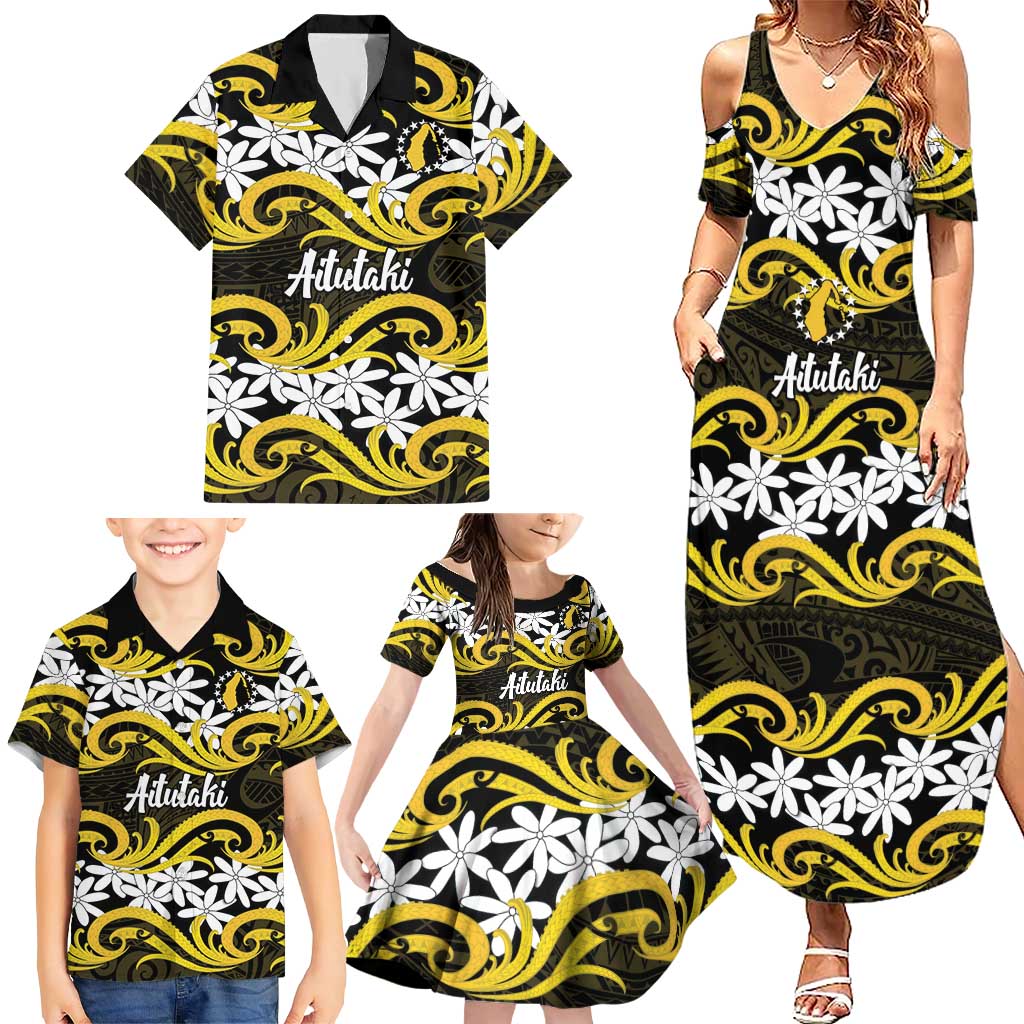 Personalised Cook Islands Aitutaki Family Matching Summer Maxi Dress and Hawaiian Shirt Tiare Maori Polynesian Waves Tattoo LT14 - Polynesian Pride