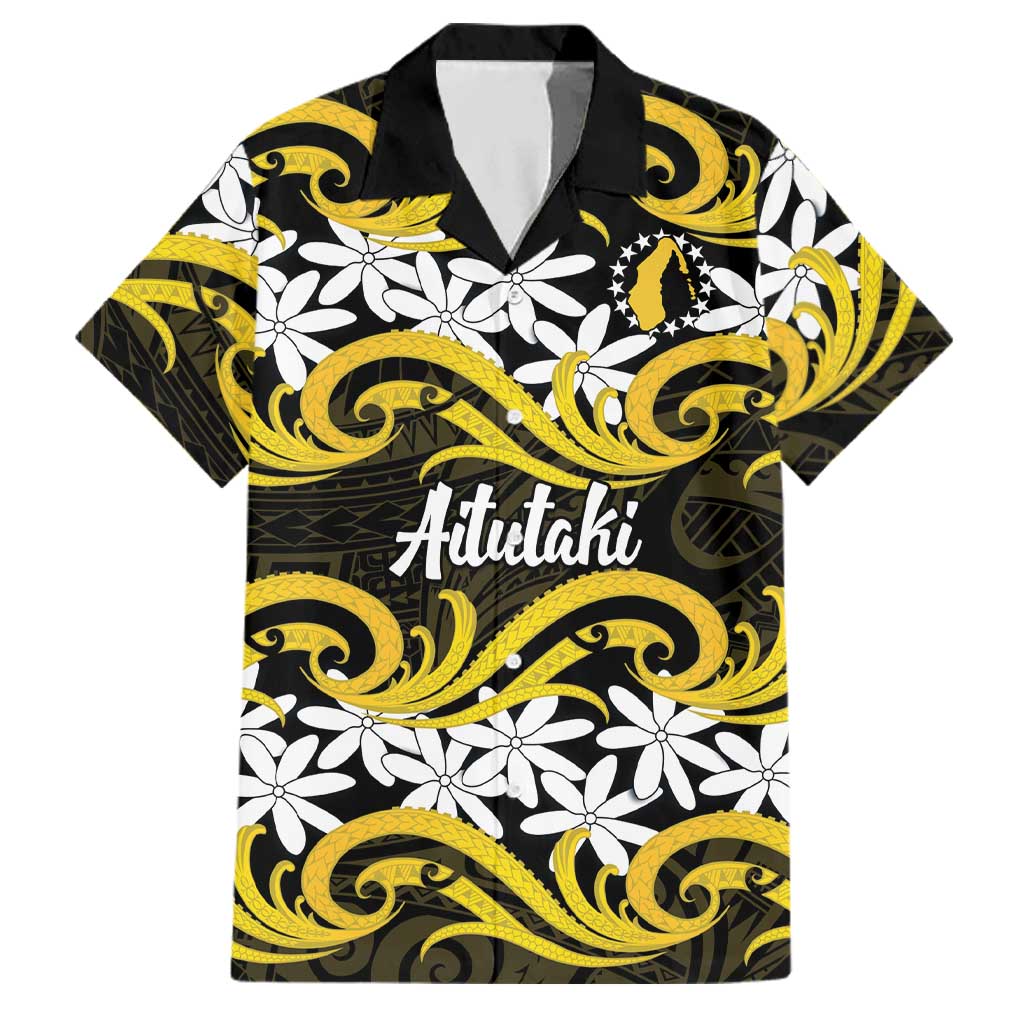 Personalised Cook Islands Aitutaki Family Matching Summer Maxi Dress and Hawaiian Shirt Tiare Maori Polynesian Waves Tattoo LT14 Dad's Shirt - Short Sleeve Yellow - Polynesian Pride