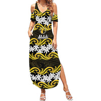 Personalised Cook Islands Aitutaki Family Matching Summer Maxi Dress and Hawaiian Shirt Tiare Maori Polynesian Waves Tattoo LT14 Mom's Dress Yellow - Polynesian Pride