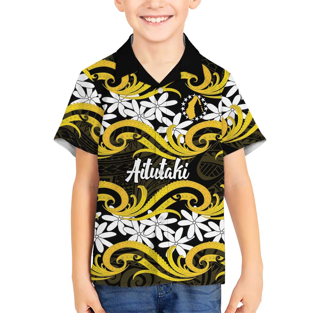 Personalised Cook Islands Aitutaki Kid Hawaiian Shirt Tiare Maori Polynesian Waves Tattoo