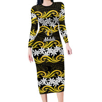 Personalised Cook Islands Aitutaki Long Sleeve Bodycon Dress Tiare Maori Polynesian Waves Tattoo LT14 Long Dress Yellow - Polynesian Pride