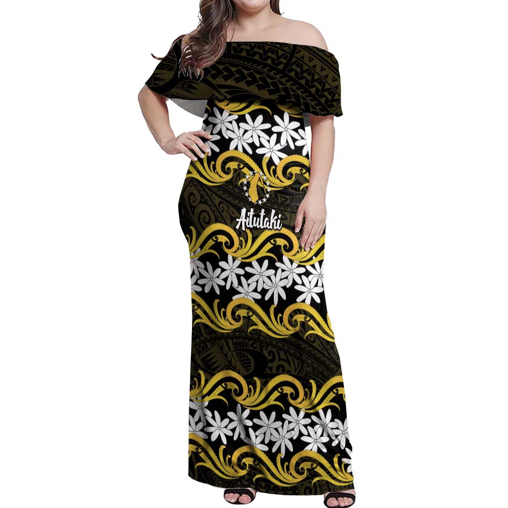 Personalised Cook Islands Aitutaki Off Shoulder Maxi Dress Tiare Maori Polynesian Waves Tattoo