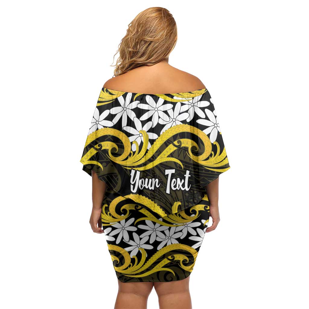 Personalised Cook Islands Aitutaki Off Shoulder Short Dress Tiare Maori Polynesian Waves Tattoo