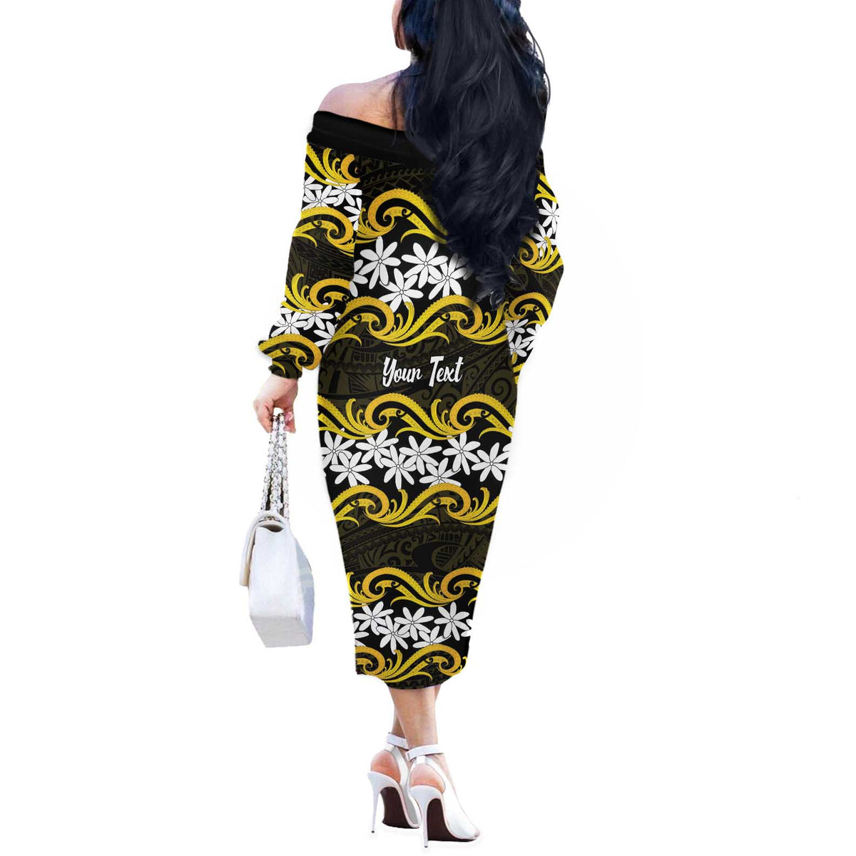 Personalised Cook Islands Aitutaki Off The Shoulder Long Sleeve Dress Tiare Maori Polynesian Waves Tattoo LT14 - Polynesian Pride