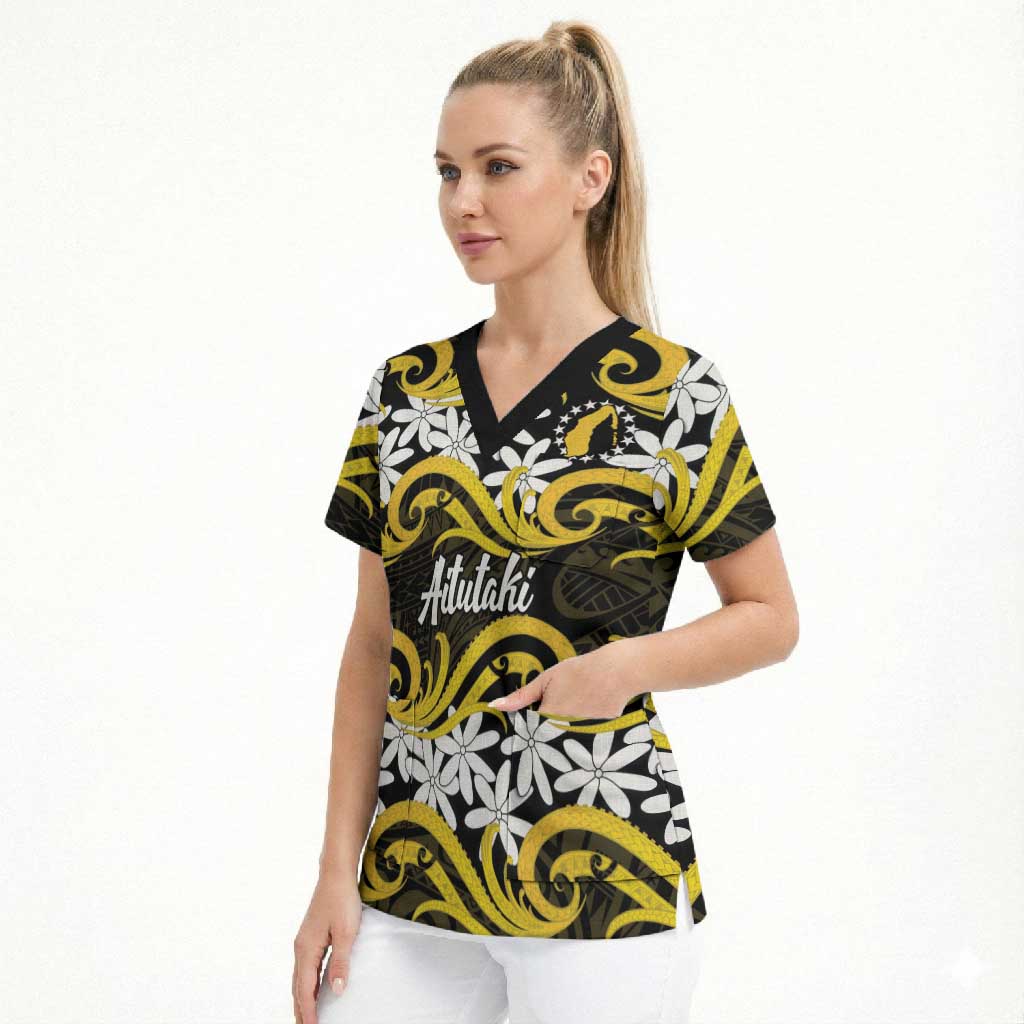 Personalised Cook Islands Aitutaki Scrub Top Tiare Maori Polynesian Waves Tattoo