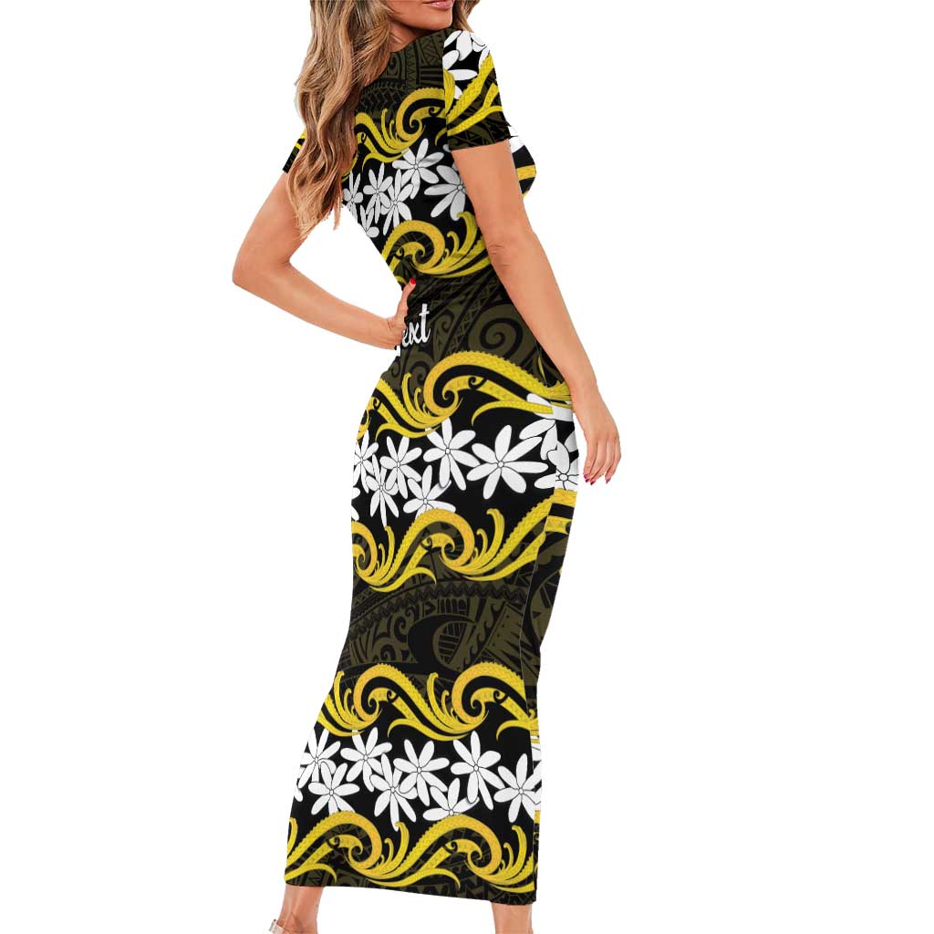 Personalised Cook Islands Aitutaki Short Sleeve Bodycon Dress Tiare Maori Polynesian Waves Tattoo LT14 - Polynesian Pride