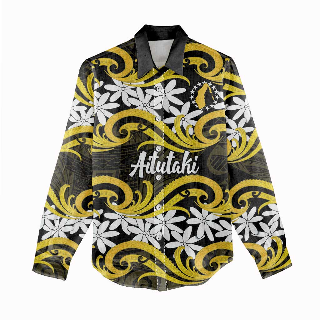 Personalised Cook Islands Aitutaki Women Casual Shirt Tiare Maori Polynesian Waves Tattoo LT14 - Polynesian Pride