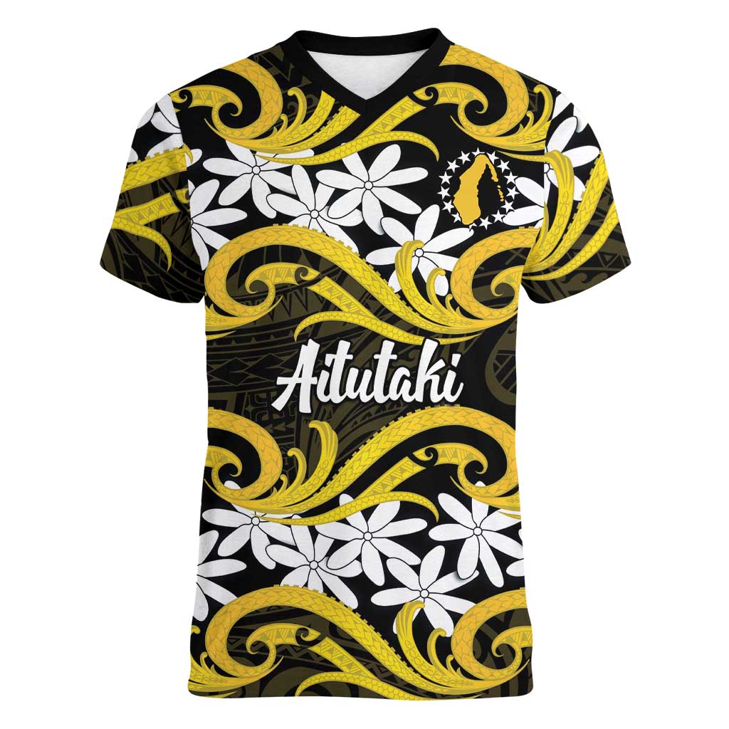 Personalised Cook Islands Aitutaki Women V-Neck T-Shirt Tiare Maori Polynesian Waves Tattoo LT14 Female Yellow - Polynesian Pride