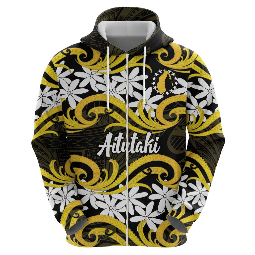 Personalised Cook Islands Aitutaki Zip Hoodie Tiare Maori Polynesian Waves Tattoo