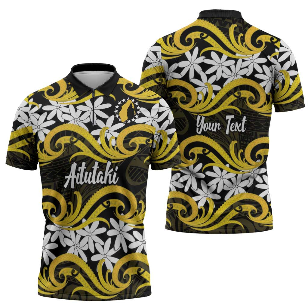 Personalised Cook Islands Aitutaki Zipper Polo Shirt Tiare Maori Polynesian Waves Tattoo