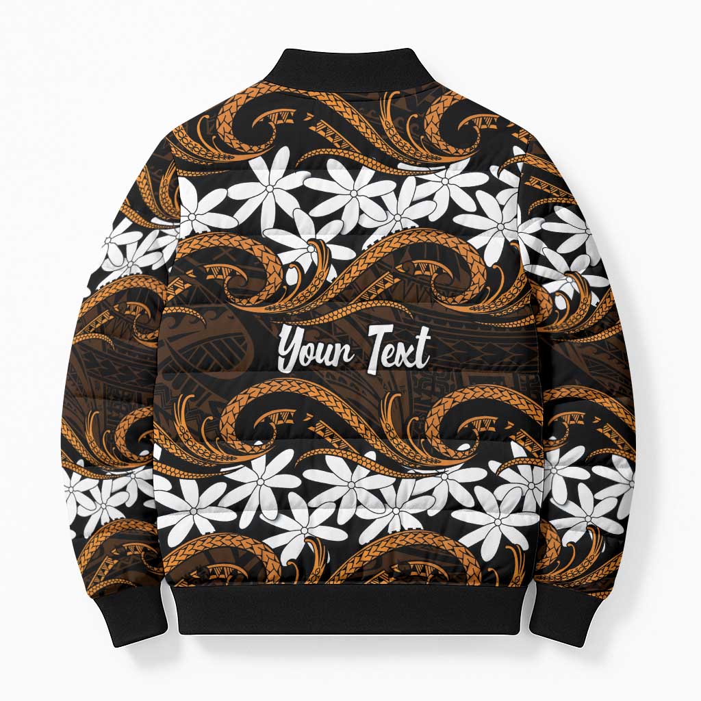 Personalised Cook Islands Rakahanga Bomber Puffer Jacket Tiare Maori Polynesian Waves Tattoo