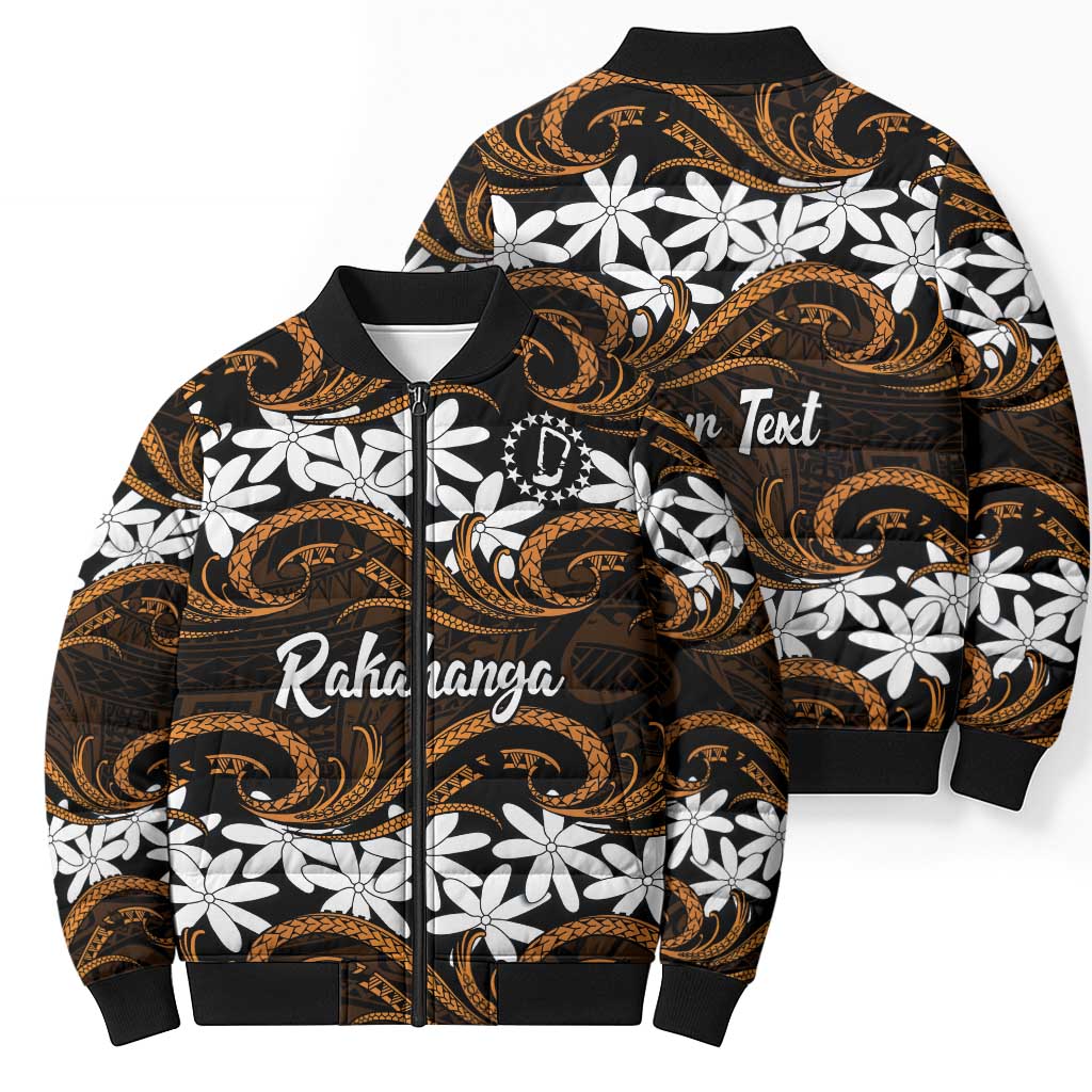 Personalised Cook Islands Rakahanga Bomber Puffer Jacket Tiare Maori Polynesian Waves Tattoo