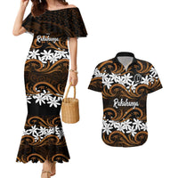 Personalised Cook Islands Rakahanga Couples Matching Mermaid Dress and Hawaiian Shirt Tiare Maori Polynesian Waves Tattoo LT14 Orange - Polynesian Pride