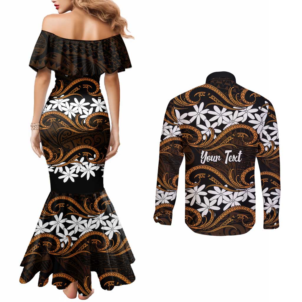 Personalised Cook Islands Rakahanga Couples Matching Mermaid Dress and Long Sleeve Button Shirt Tiare Maori Polynesian Waves Tattoo LT14 - Polynesian Pride