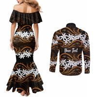 Personalised Cook Islands Rakahanga Couples Matching Mermaid Dress and Long Sleeve Button Shirt Tiare Maori Polynesian Waves Tattoo LT14 - Polynesian Pride