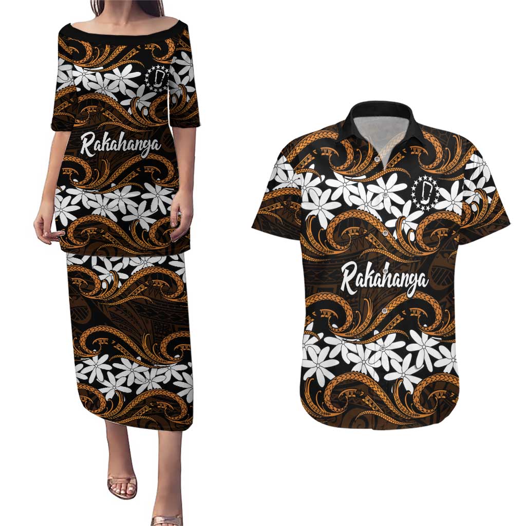 Personalised Cook Islands Rakahanga Couples Matching Puletasi and Hawaiian Shirt Tiare Maori Polynesian Waves Tattoo LT14 Orange - Polynesian Pride