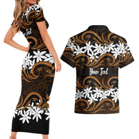 Personalised Cook Islands Rakahanga Couples Matching Short Sleeve Bodycon Dress and Hawaiian Shirt Tiare Maori Polynesian Waves Tattoo LT14 - Polynesian Pride