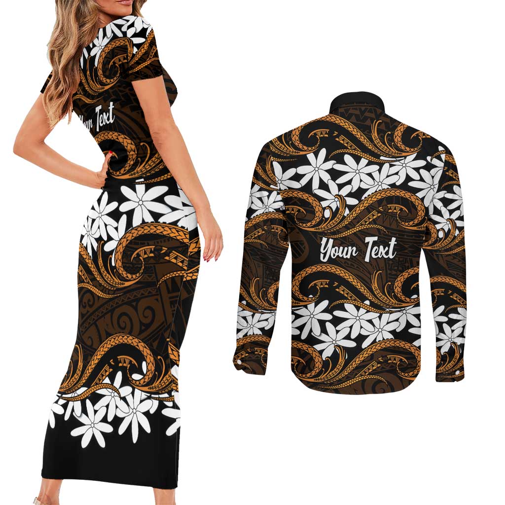 Personalised Cook Islands Rakahanga Couples Matching Short Sleeve Bodycon Dress and Long Sleeve Button Shirt Tiare Maori Polynesian Waves Tattoo LT14 - Polynesian Pride