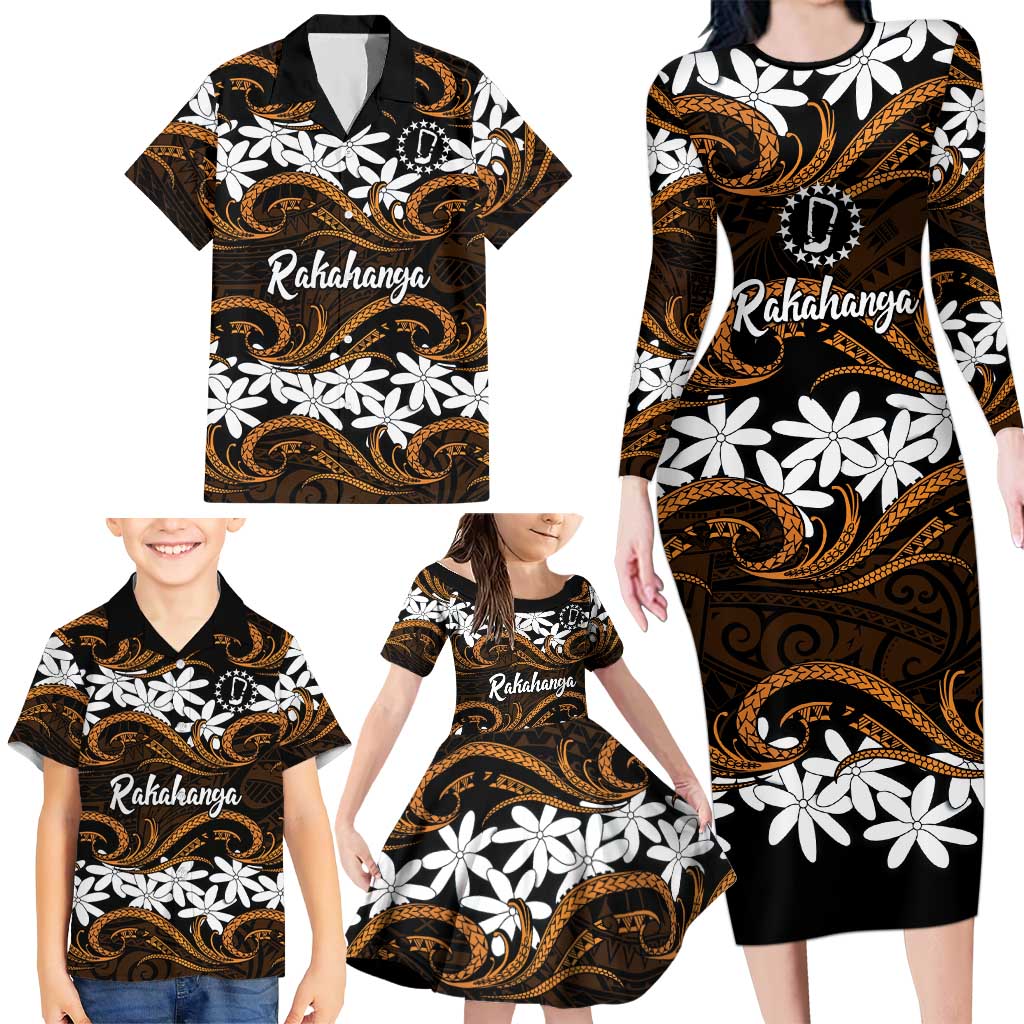 Personalised Cook Islands Rakahanga Family Matching Long Sleeve Bodycon Dress and Hawaiian Shirt Tiare Maori Polynesian Waves Tattoo