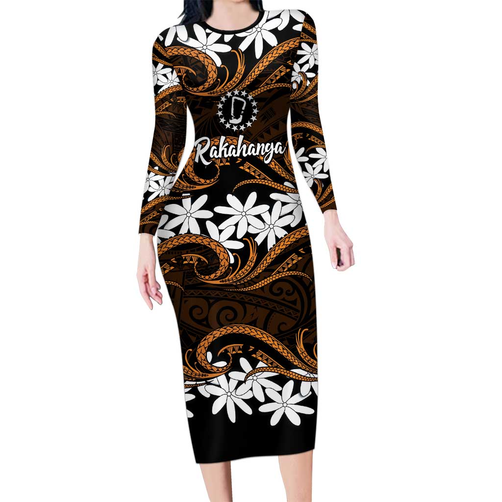 Personalised Cook Islands Rakahanga Family Matching Long Sleeve Bodycon Dress and Hawaiian Shirt Tiare Maori Polynesian Waves Tattoo LT14 Mom's Dress Orange - Polynesian Pride