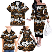 Personalised Cook Islands Rakahanga Family Matching Off The Shoulder Long Sleeve Dress and Hawaiian Shirt Tiare Maori Polynesian Waves Tattoo LT14 - Polynesian Pride