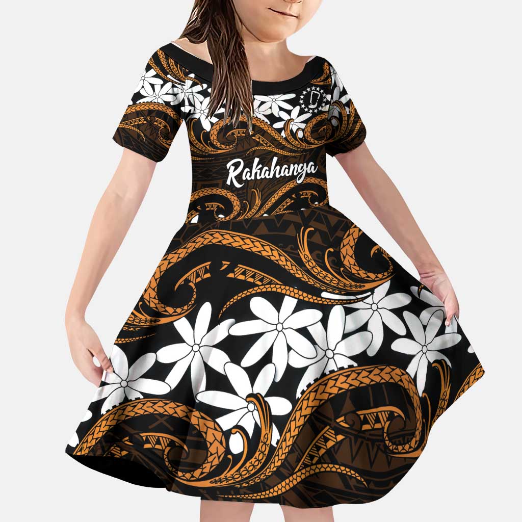 Personalised Cook Islands Rakahanga Family Matching Off Shoulder Short Dress and Hawaiian Shirt Tiare Maori Polynesian Waves Tattoo LT14 Daughter's Dress Orange - Polynesian Pride