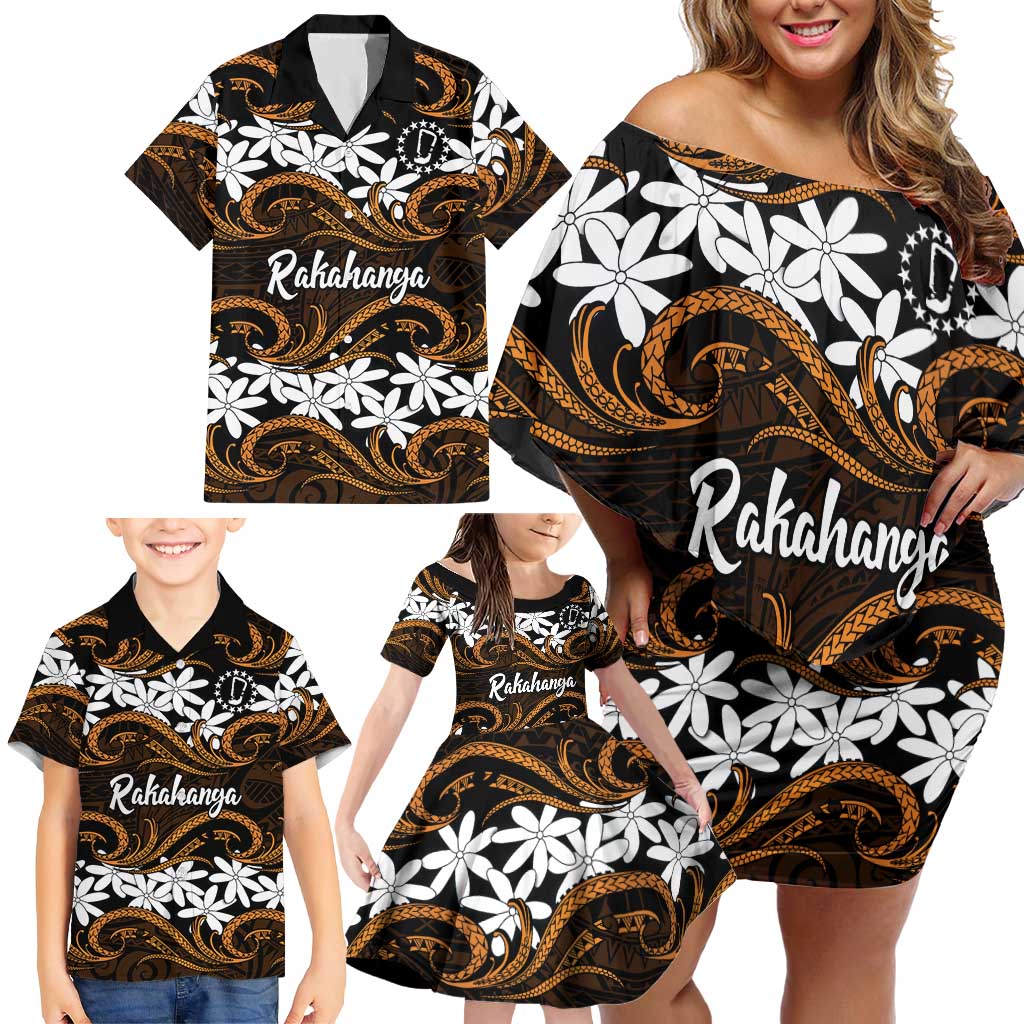 Personalised Cook Islands Rakahanga Family Matching Off Shoulder Short Dress and Hawaiian Shirt Tiare Maori Polynesian Waves Tattoo