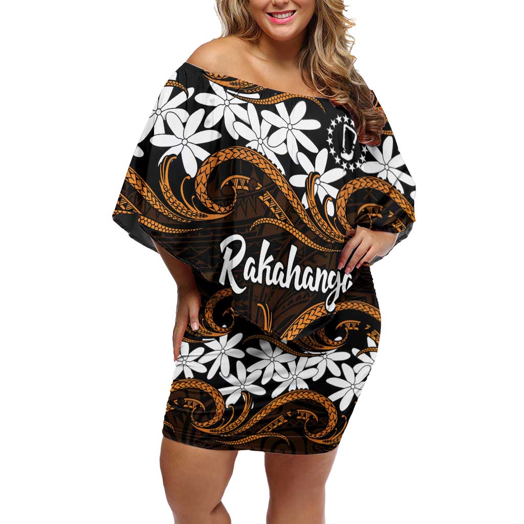 Personalised Cook Islands Rakahanga Family Matching Off Shoulder Short Dress and Hawaiian Shirt Tiare Maori Polynesian Waves Tattoo LT14 Mom's Dress Orange - Polynesian Pride