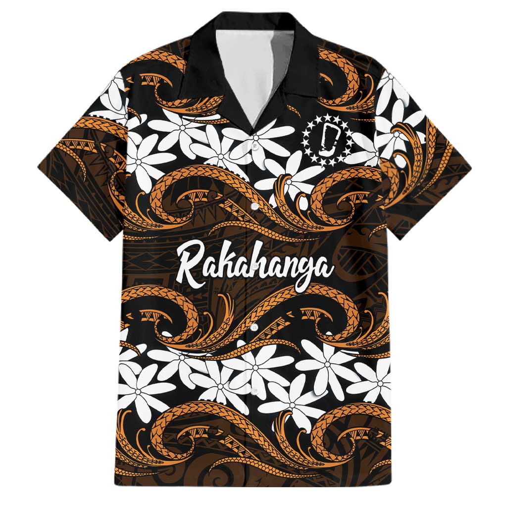Personalised Cook Islands Rakahanga Family Matching Puletasi and Hawaiian Shirt Tiare Maori Polynesian Waves Tattoo LT14 Dad's Shirt - Short Sleeve Orange - Polynesian Pride