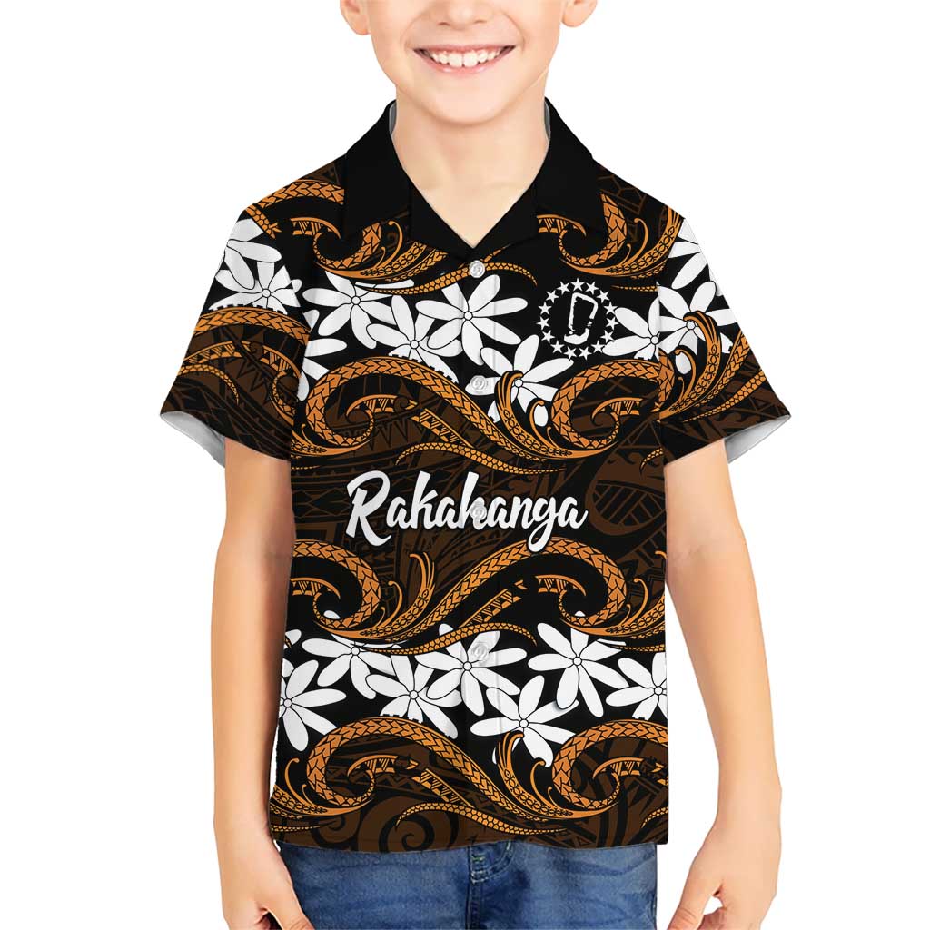 Personalised Cook Islands Rakahanga Family Matching Puletasi and Hawaiian Shirt Tiare Maori Polynesian Waves Tattoo LT14 Son's Shirt Orange - Polynesian Pride