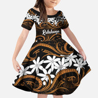 Personalised Cook Islands Rakahanga Family Matching Short Sleeve Bodycon Dress and Hawaiian Shirt Tiare Maori Polynesian Waves Tattoo LT14 Daughter's Dress Orange - Polynesian Pride