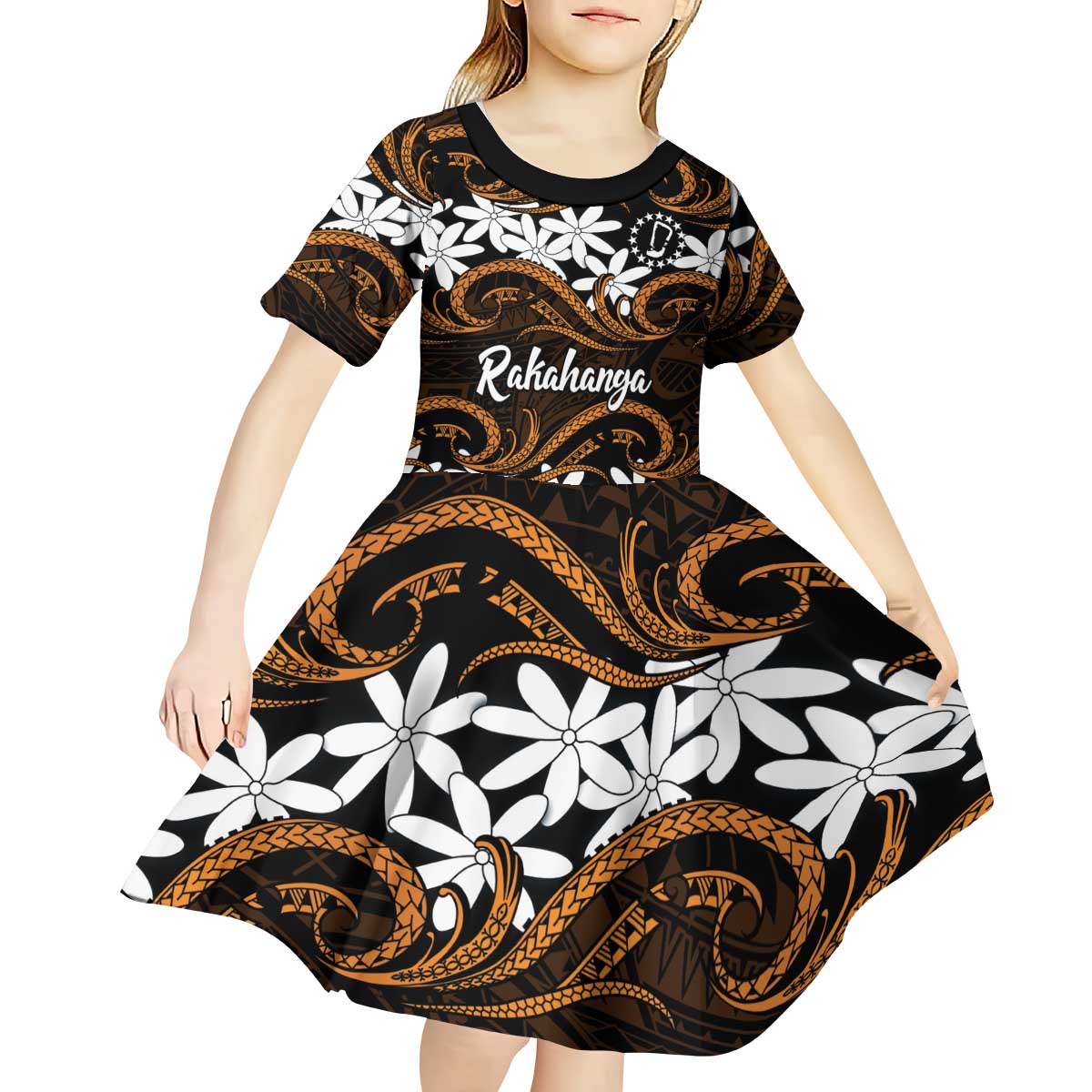 Personalised Cook Islands Rakahanga Kid Short Sleeve Dress Tiare Maori Polynesian Waves Tattoo LT14 - Polynesian Pride