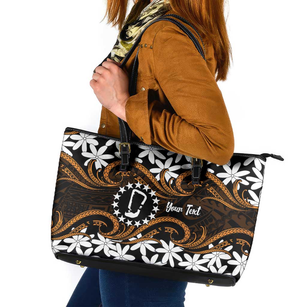 Personalised Cook Islands Rakahanga Leather Tote Bag Tiare Maori Polynesian Waves Tattoo